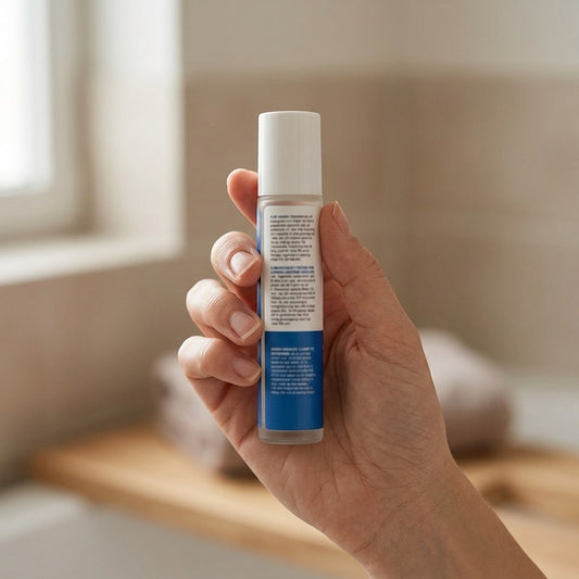 A hand holding the scalp serum roll-on bottle