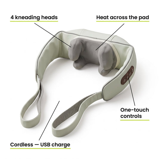 The massager labelled with four kneading heads, heat across the pad, one-touch controls and USB charging