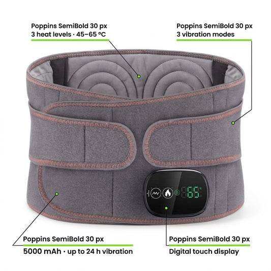 The heating back belt with its heat, vibration, display and battery features called out