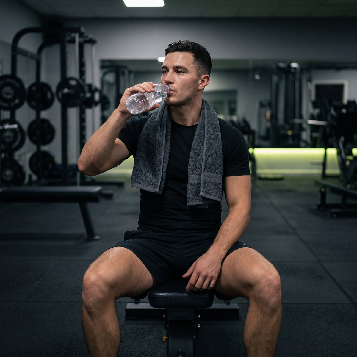 Athlete resting on a gym bench after training