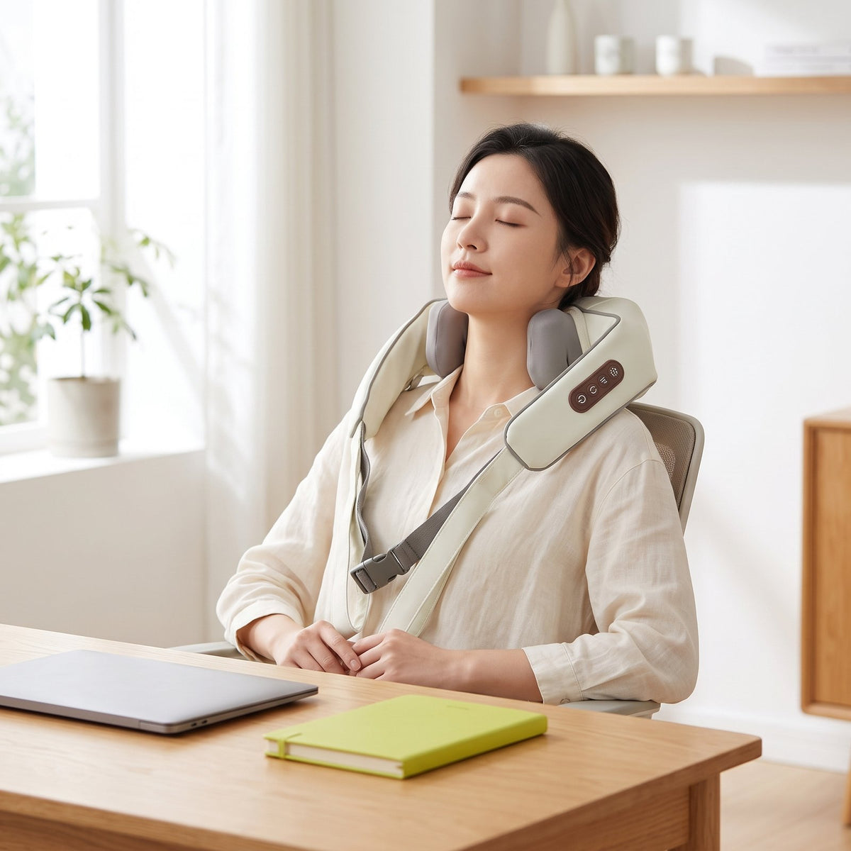 Woman at a desk taking a break with the neck and shoulder massager on