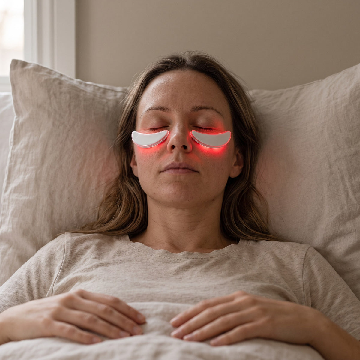Woman lying back on pillows wearing the red light pads below each eye