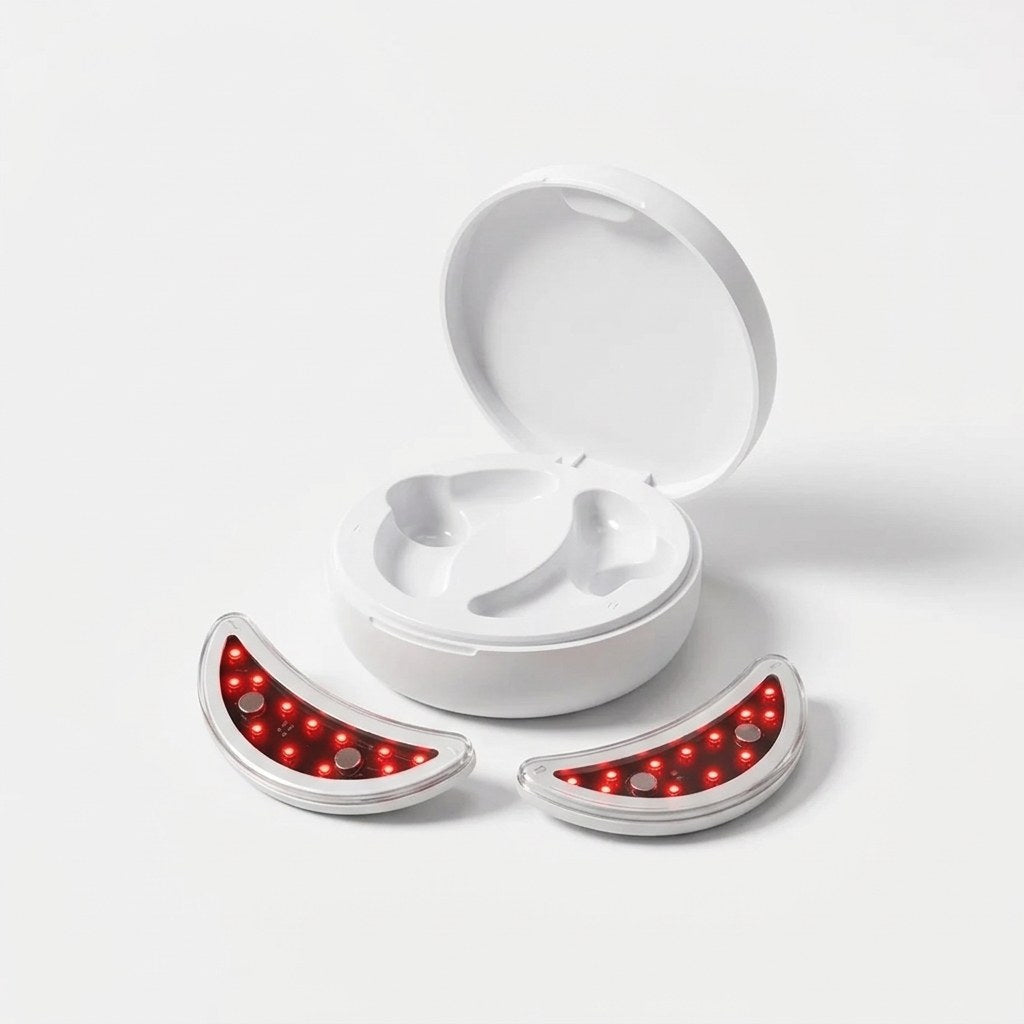 The open charging case with both red light pads lit, seen from the front