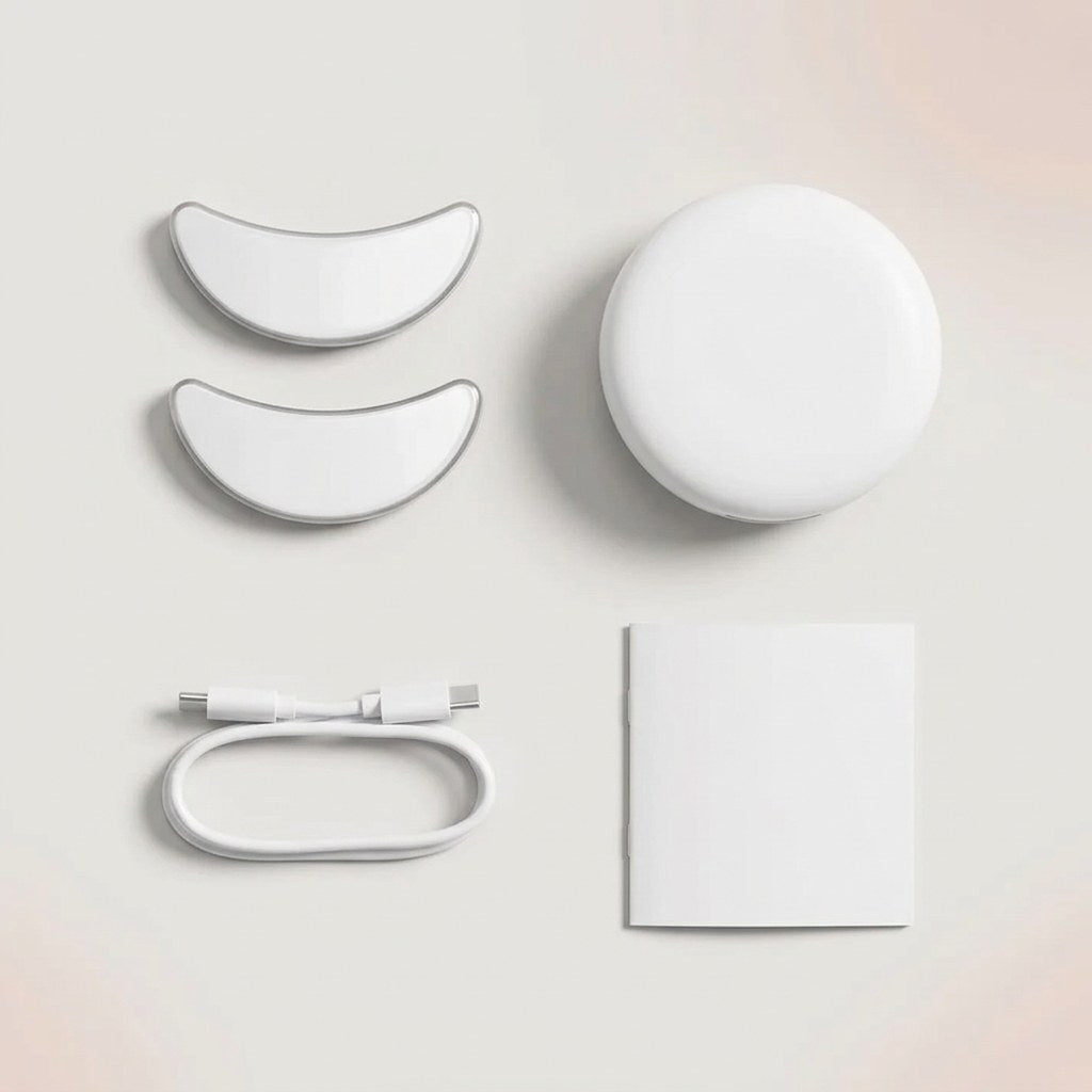 Flat lay of the two pads, charging case, USB cable and user manual