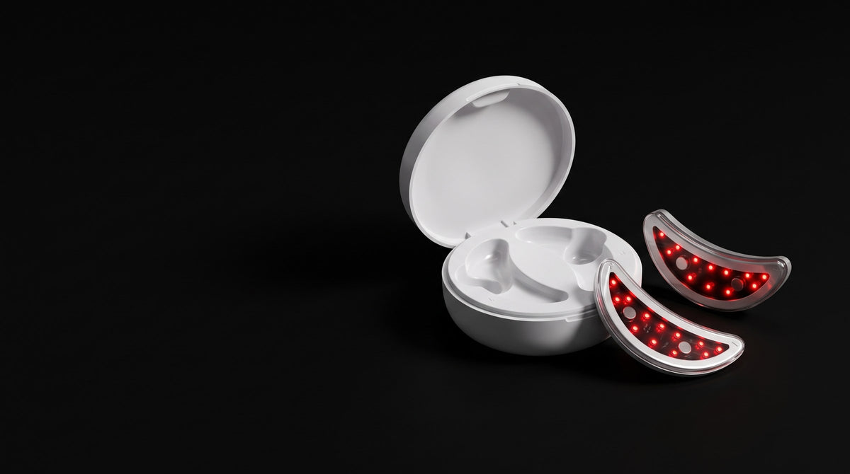 The charging case and red light pads lit against a black background