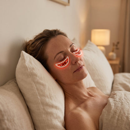Woman resting on pillows wearing the red light under-eye pads