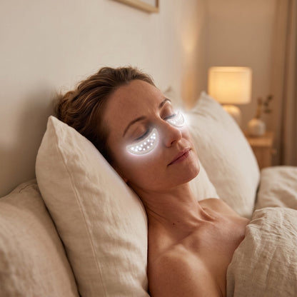 Woman lying back with the under-eye pads on, bedside lamp behind