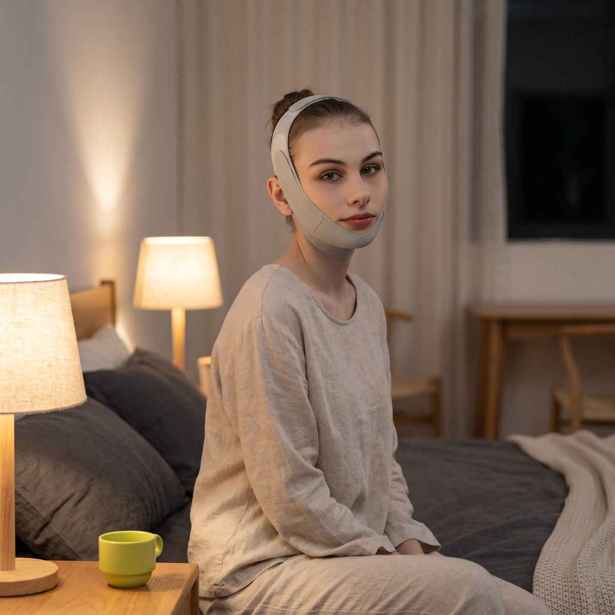 Woman sitting on her bed at night wearing a facial contouring wrap