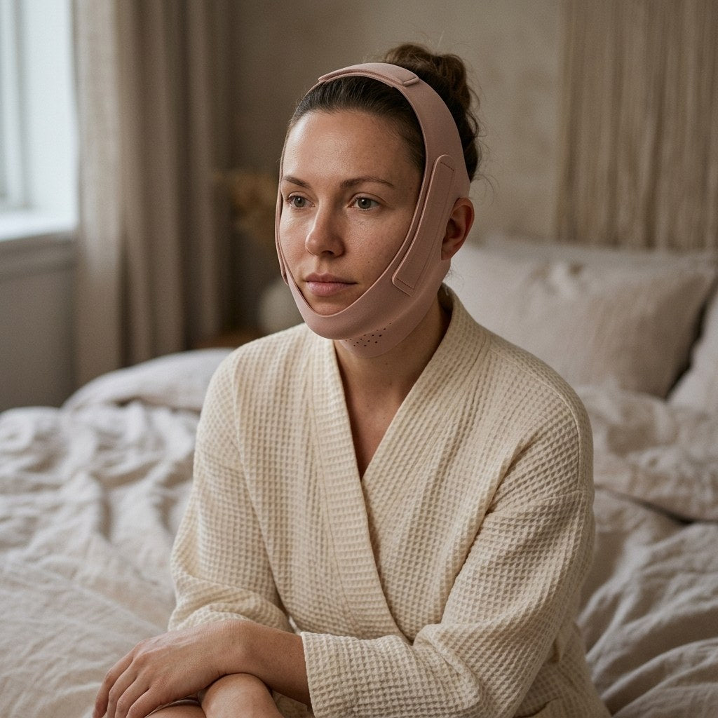 Woman in a cream robe sitting on a bed wearing the facial wrap