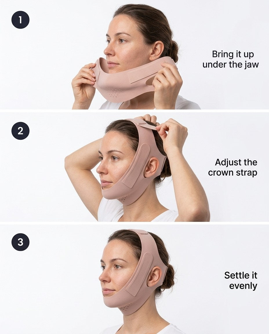Three steps for putting the wrap on: under the jaw, adjust the crown strap, settle it evenly