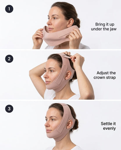 Three steps for putting the wrap on: under the jaw, adjust the crown strap, settle it evenly