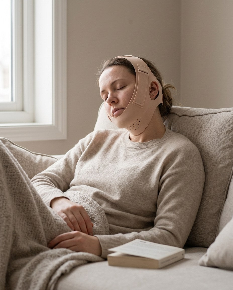 Woman asleep on a sofa wearing the facial wrap