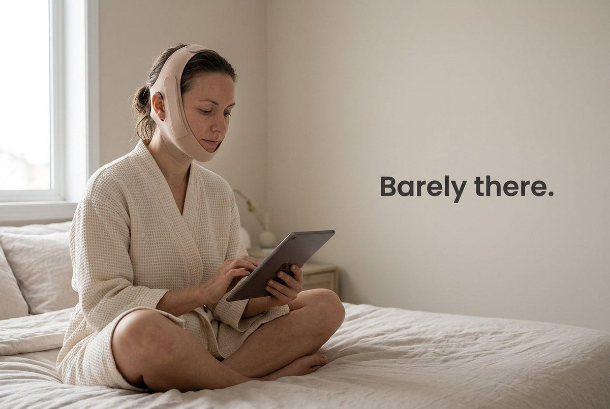 Woman sitting cross-legged on a bed with a tablet, wearing the facial wrap