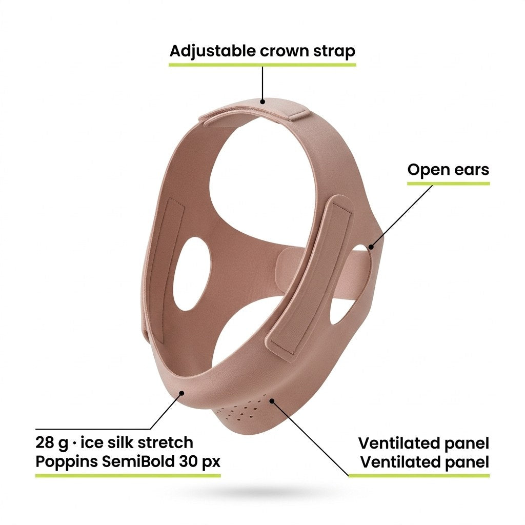The facial wrap with its crown strap, ear openings and ventilated panel called out