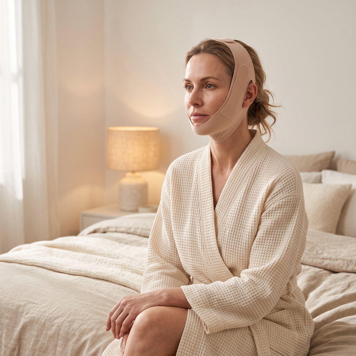Woman in a cream robe sitting on a bed wearing the facial contouring wrap