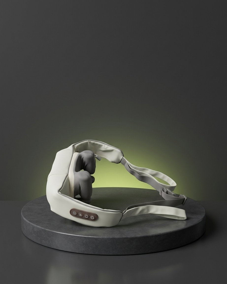 FitGearPlus neck and shoulder massager on a stone plinth with a lime glow