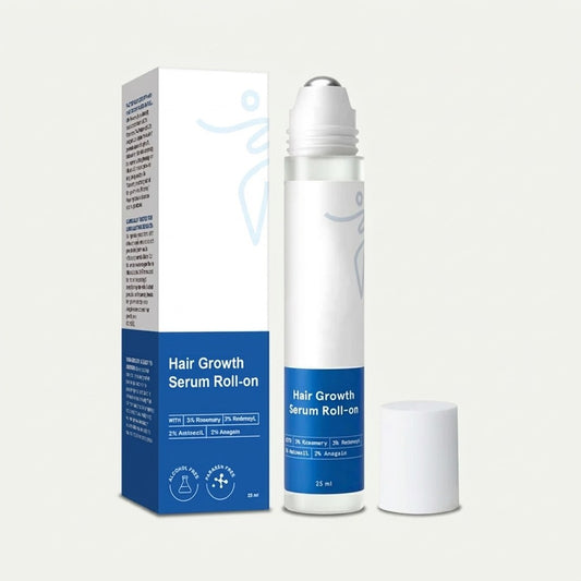 The scalp serum roll-on bottle standing beside its carton
