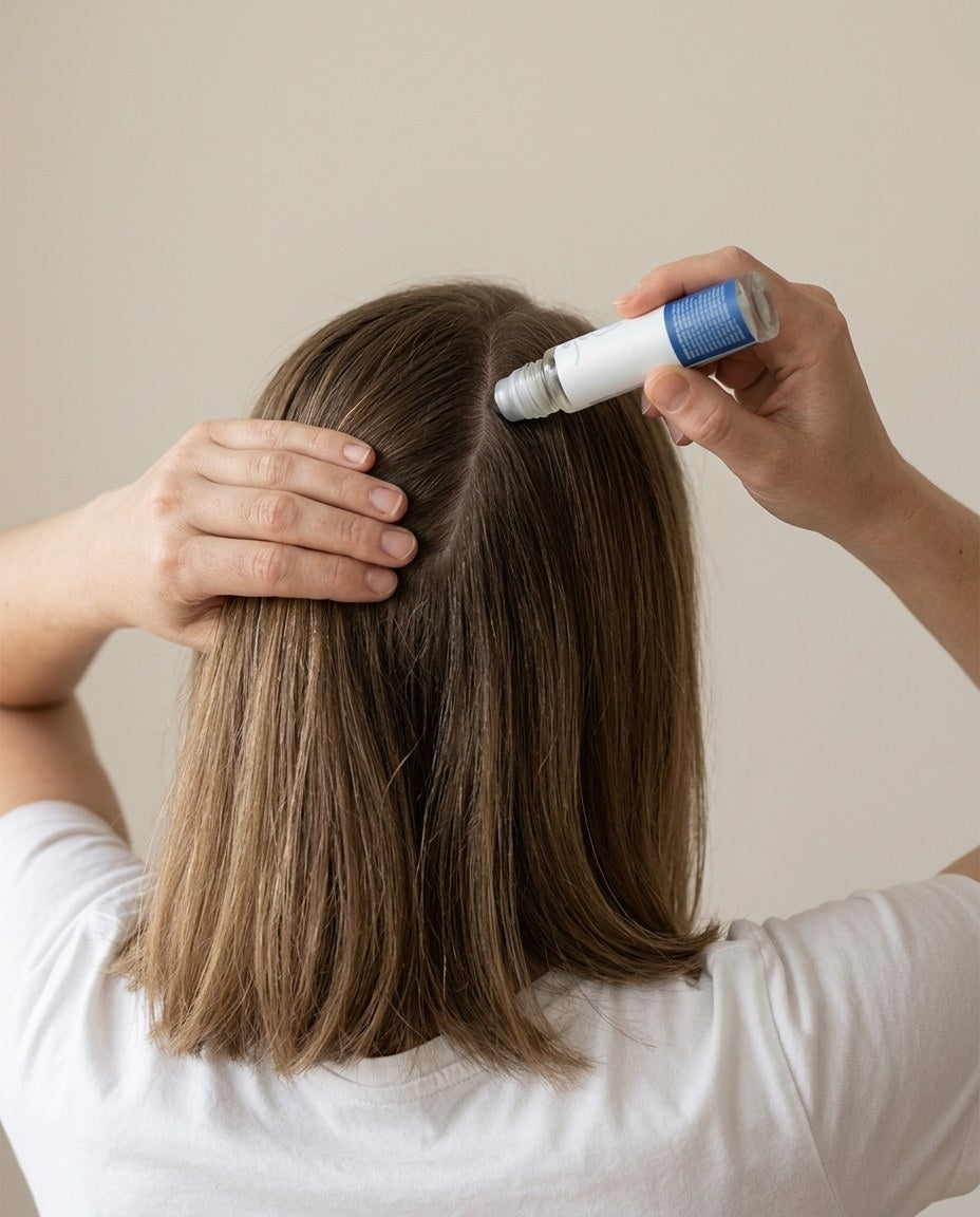 The roll-on being applied along a parting in the hair