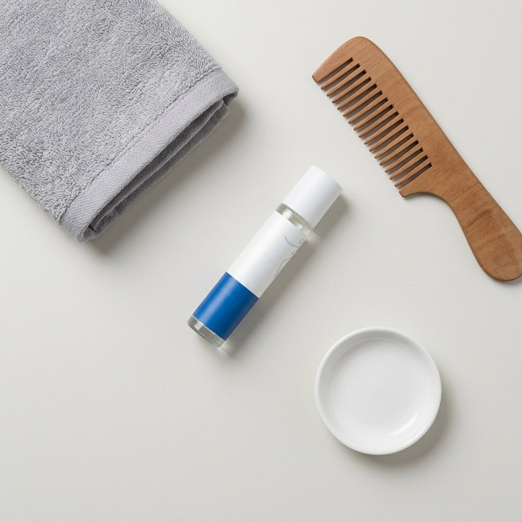 Flat lay of the serum bottle with a towel, a wooden comb and a small dish