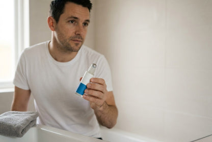 Man at a bathroom basin holding the scalp serum roll-on