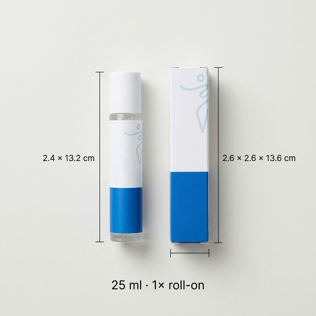 The bottle and carton side by side with their dimensions and 25 ml net content
