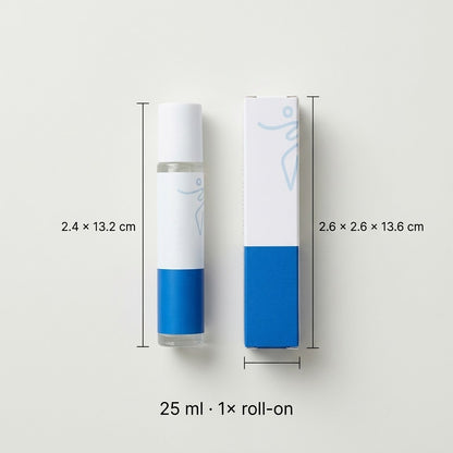 The bottle and carton side by side with their dimensions and 25 ml net content