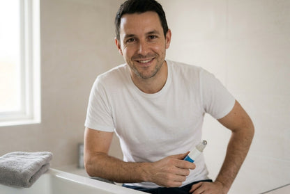 Man at a bathroom basin holding the scalp serum roll-on