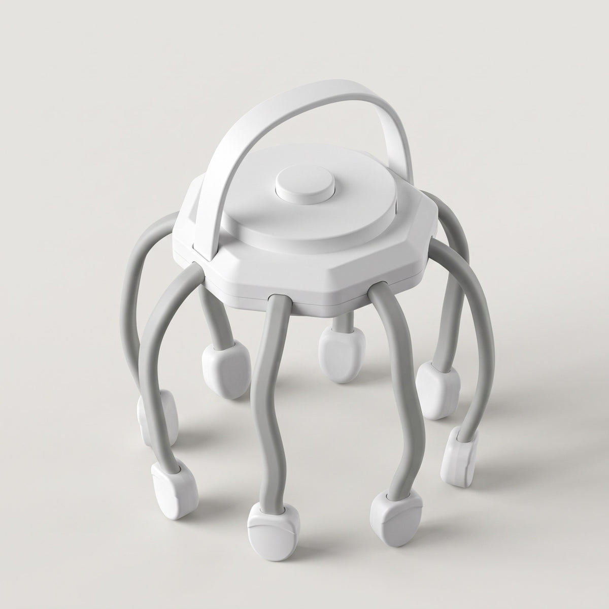 White electric scalp massager with its eight flexible legs and carry handle