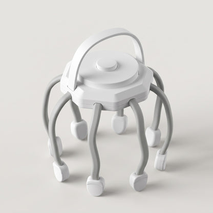 White electric scalp massager with its eight flexible legs and carry handle
