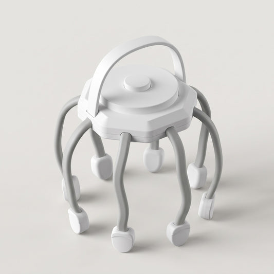 White electric scalp massager with its eight flexible legs and carry handle