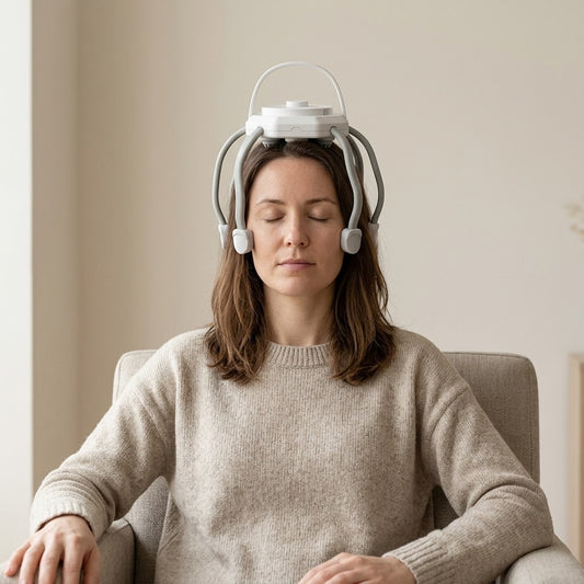 Woman sitting in an armchair with the scalp massager resting on her head, eyes closed