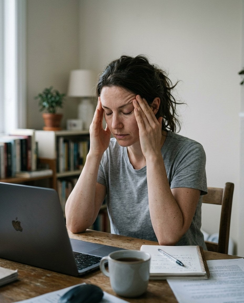 Woman at a home desk with both hands pressed to her temples at the end of the day