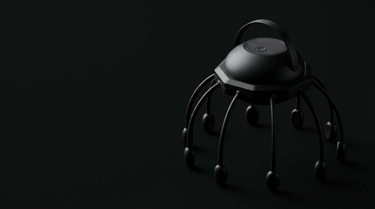 The black scalp massager lit against a black background