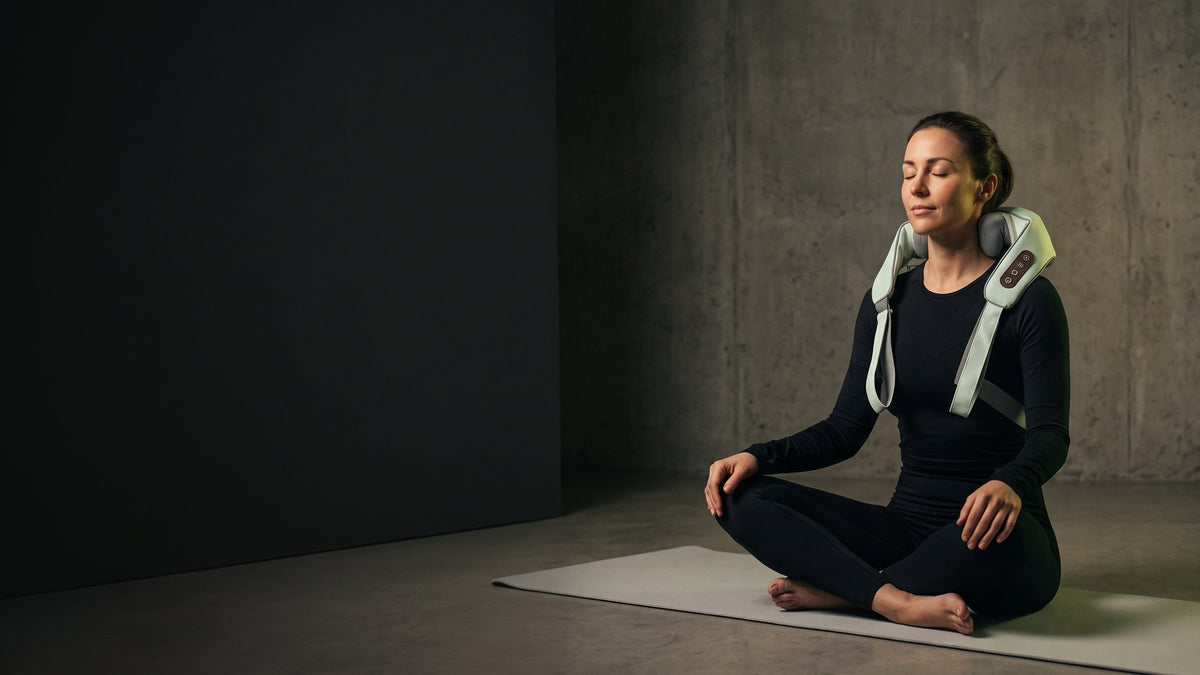Woman in black activewear relaxing with the FitGearPlus neck and shoulder massager