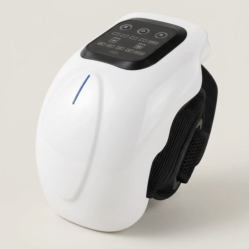 White moulded knee and joint massager with its black touch panel and strap, on a pale studio background