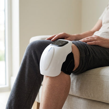 Close view of the joint massager strapped over a seated person's knee