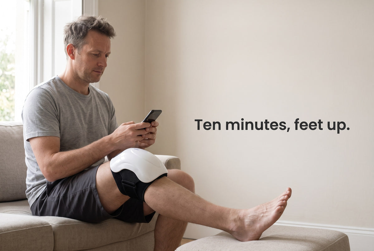 Man sitting on a sofa with the joint massager on his knee, feet up