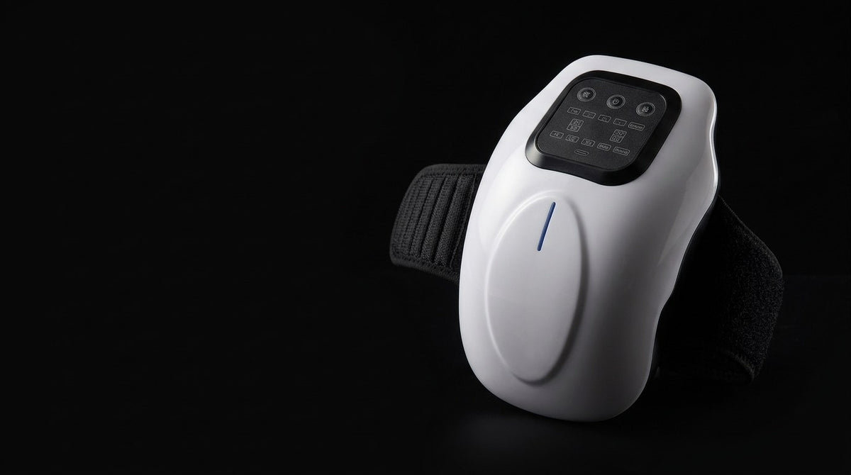 The white joint massager lit against a black background