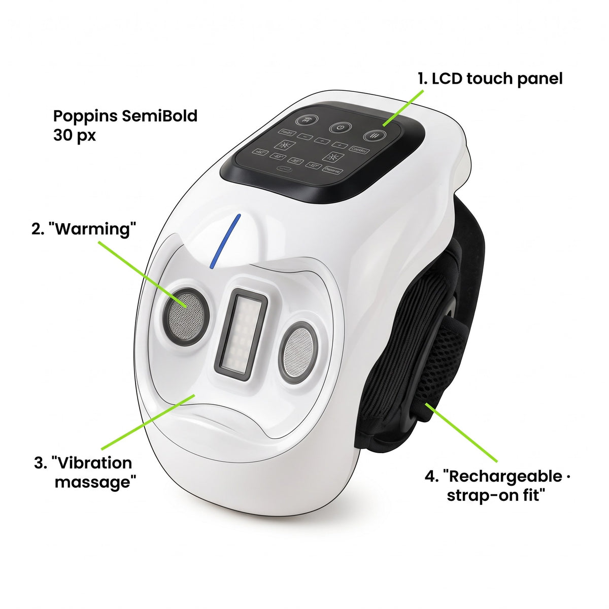 The joint massager with its touch panel, warming, vibration and strap features called out