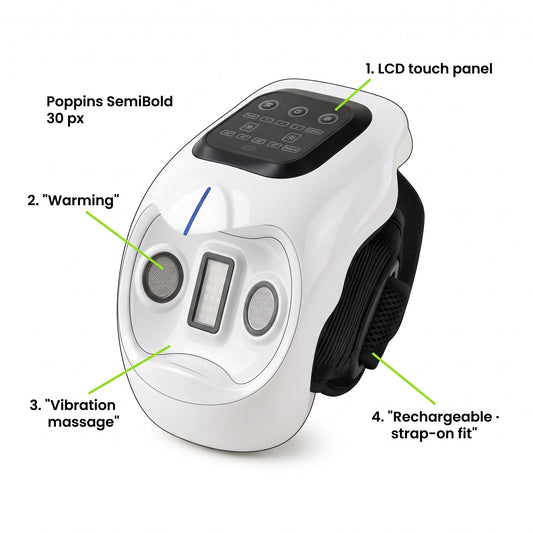 The joint massager with its touch panel, warming, vibration and strap features called out