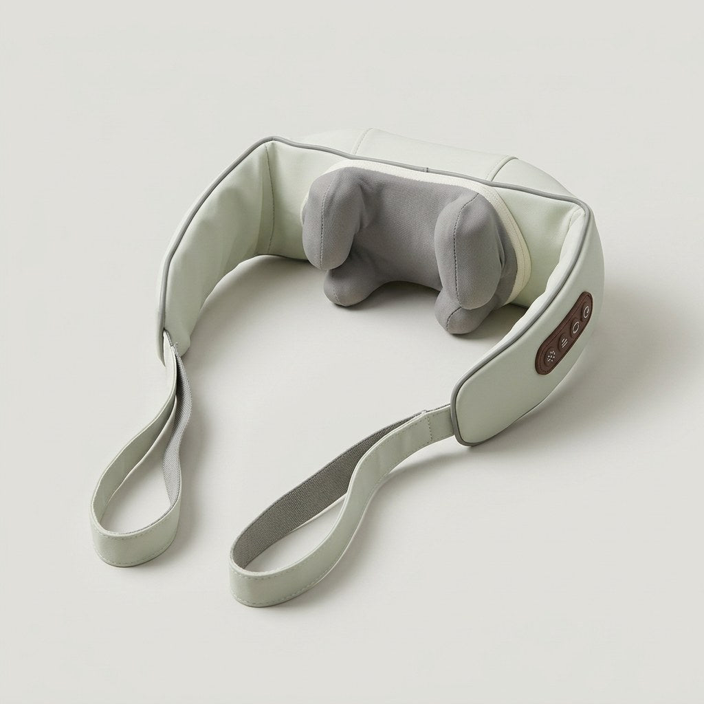 Sage-green U-shaped neck and shoulder massager on a pale studio background