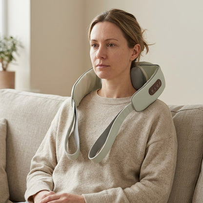 Woman seated on a sofa wearing the neck and shoulder massager, hands resting in her lap