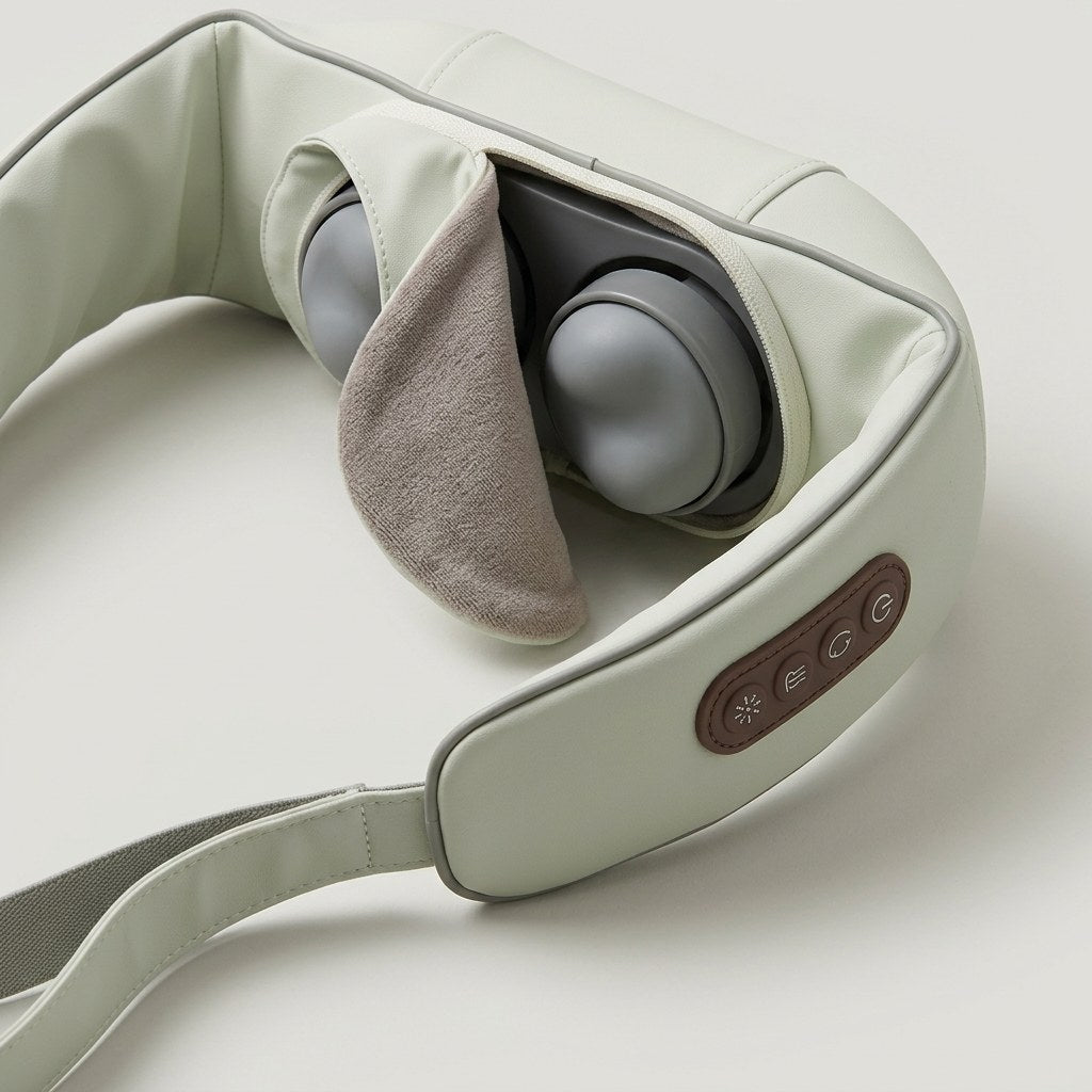 Close view of the removable fabric liner peeled back to show the massage heads beneath