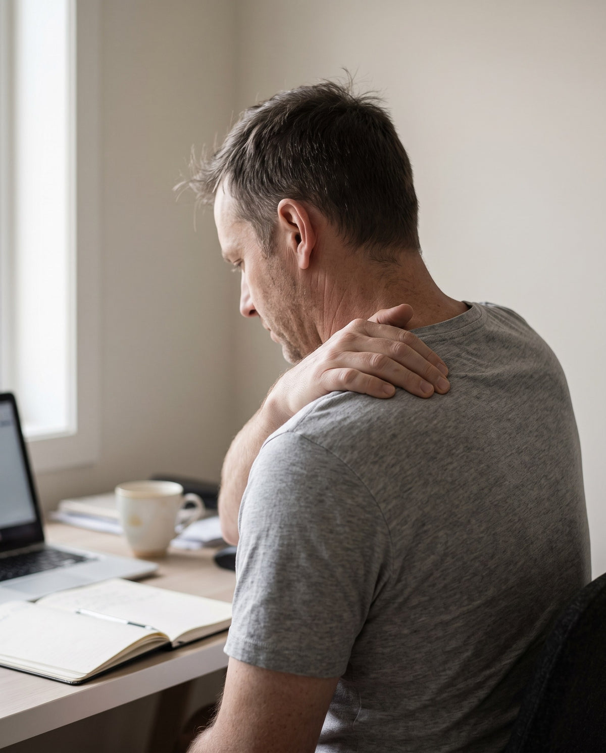 Man at a home desk reaching across to squeeze his own shoulder