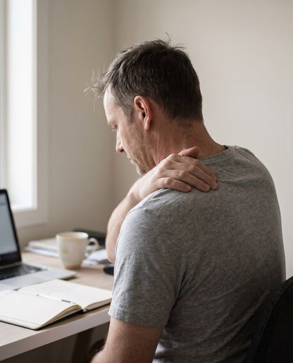 Man at a home desk reaching across to squeeze his own shoulder
