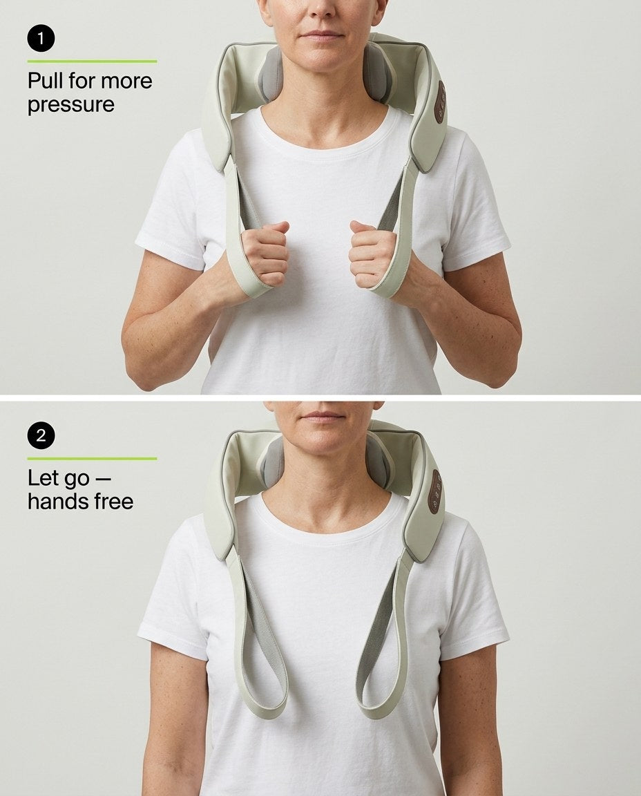 Two steps: pulling the front straps for more pressure, then letting go for hands-free use