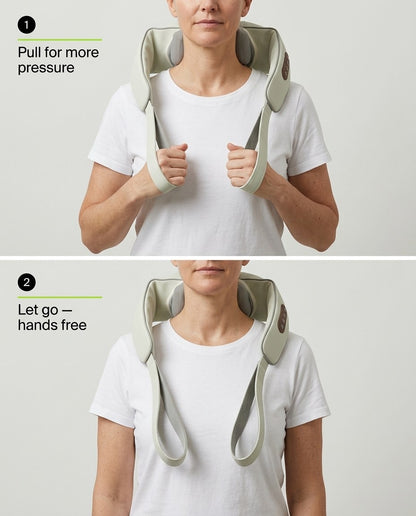 Two steps: pulling the front straps for more pressure, then letting go for hands-free use