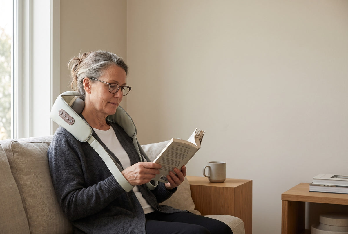 Woman reading in an armchair while wearing the neck and shoulder massager