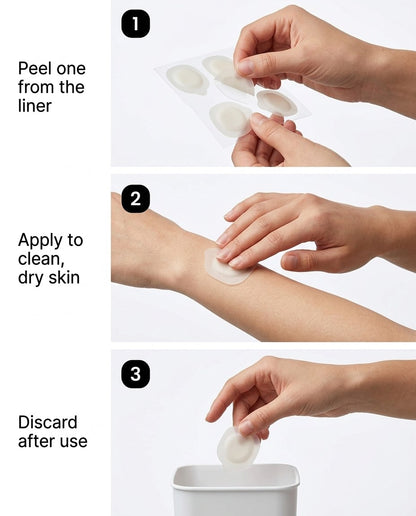 Three steps: peel one from the liner, apply to clean dry skin, discard after use