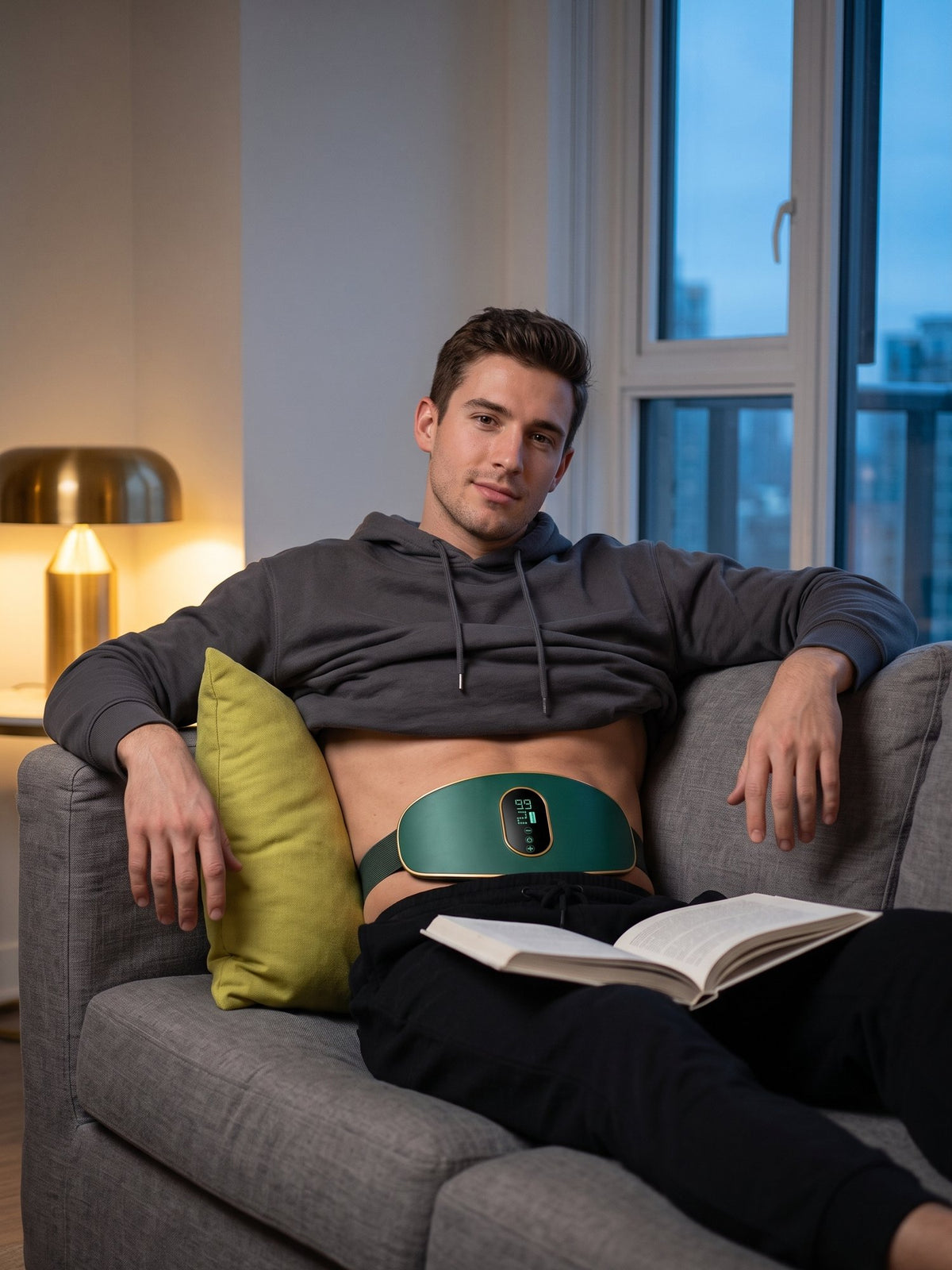 Man relaxing on a sofa in the evening wearing a heated massage belt
